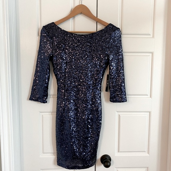 Lulu's Sequin Long Sleeve Bodycon Dress, Navy, XS - Picture 1 of 5